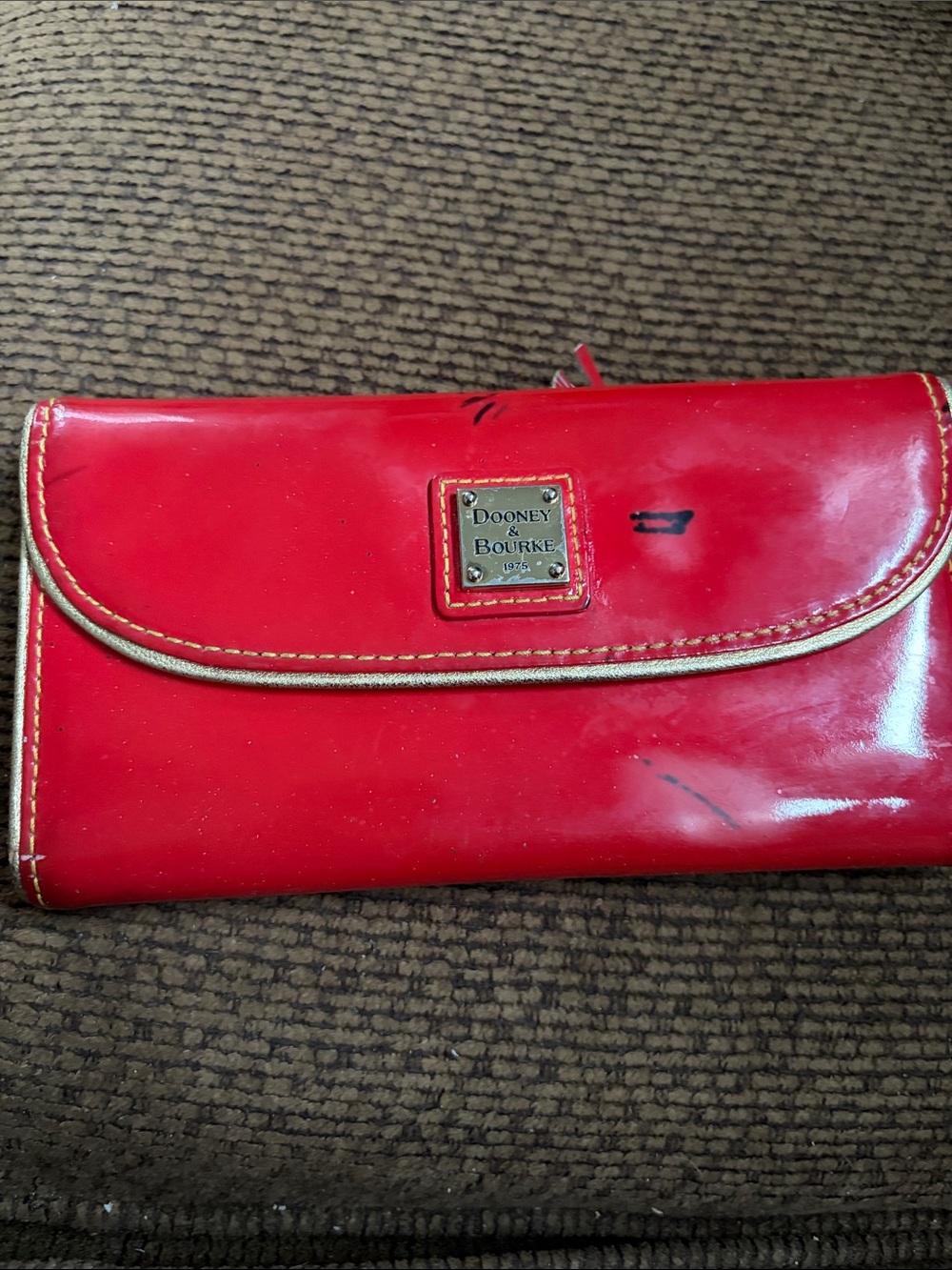 Dooney & Bourke Red Patent Leather Wallet with Gold Trim